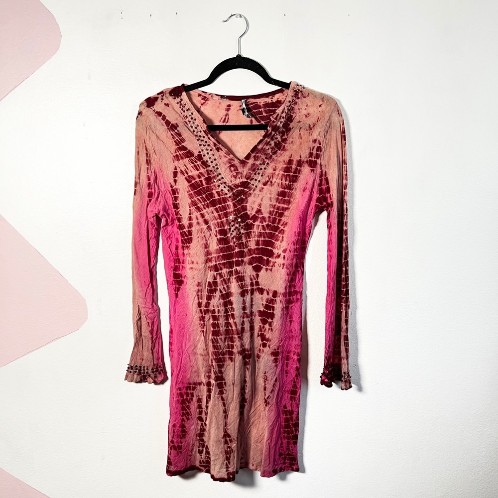 Karma Highway Mini Dress Sz Medium Pink 100% Cotton Tie Dye Boho Festival